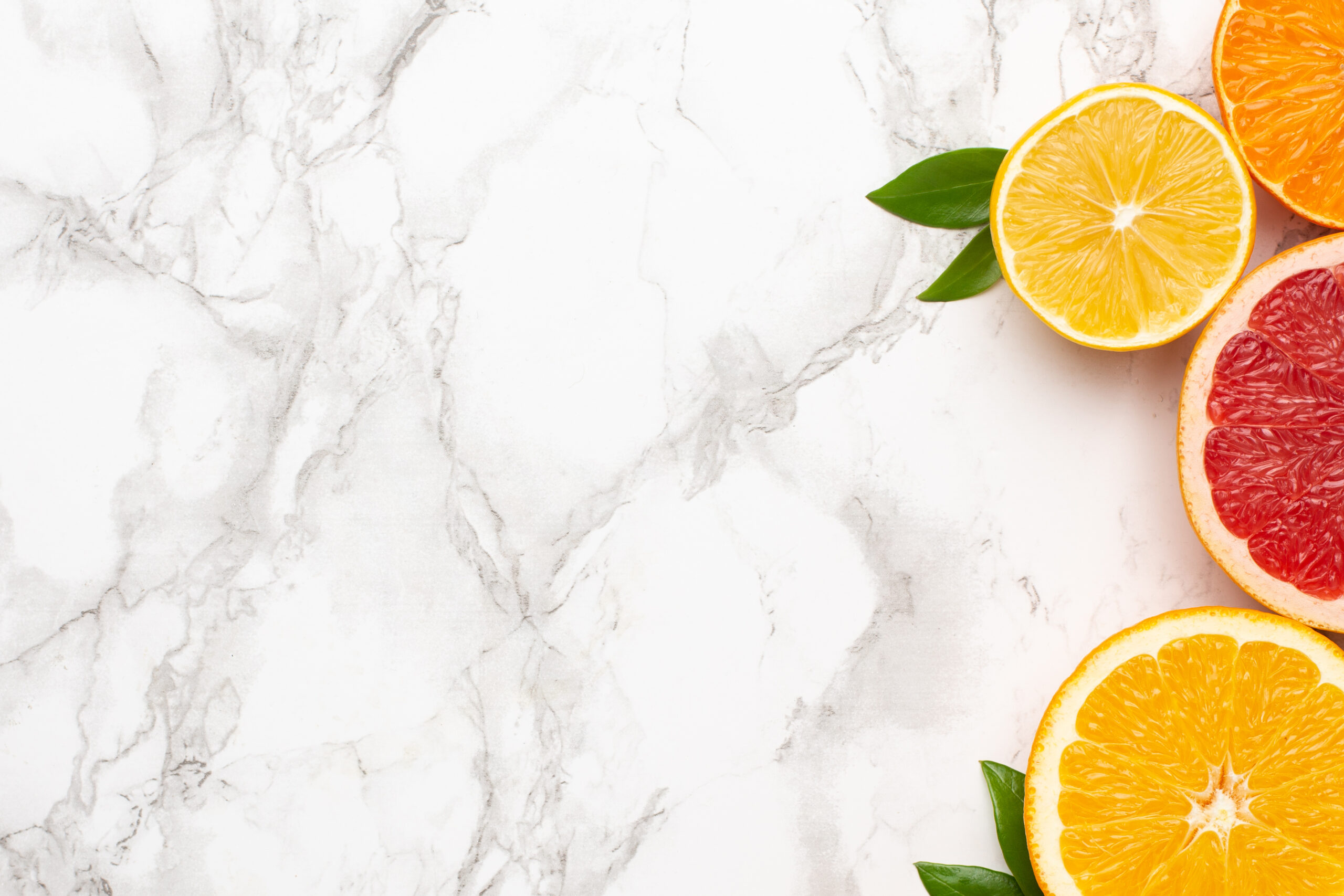 Citruses Fruits On Marble Background With Copyspace, Fruit Flatlay, Summer Minimal Compositon With Grapefruit, Lemon, Mandarin And Orange